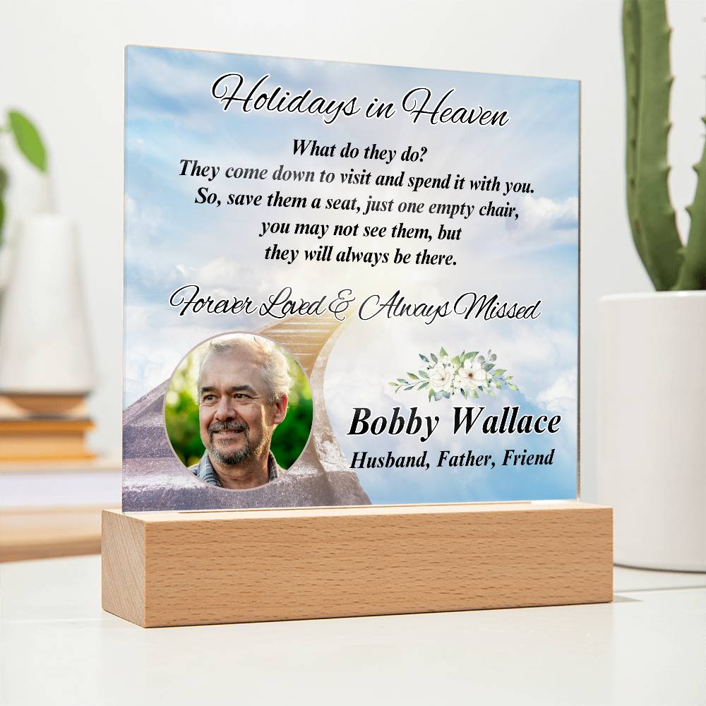 Holidays In Heaven - LED Memorial Photo Gift with Personalized Photo & Acrylic Design – Personalized Sympathy Gifts by Sunrise Keepsakes