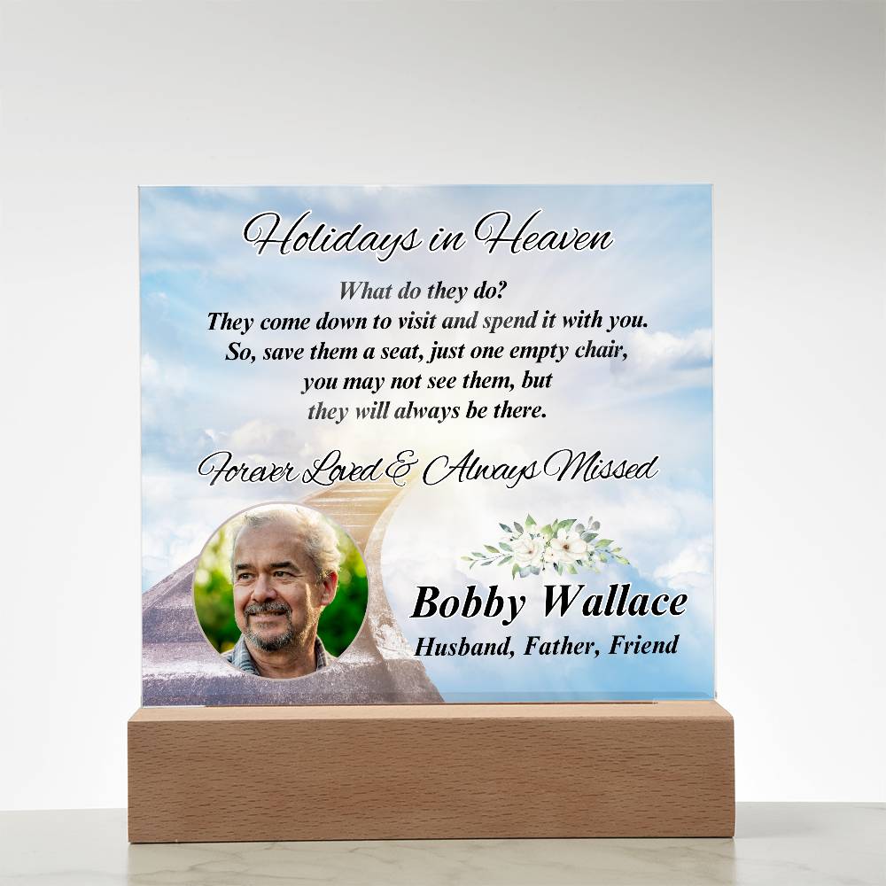 Holidays In Heaven - LED Memorial Photo Gift with Personalized Photo & Acrylic Design – Personalized Sympathy Gifts by Sunrise Keepsakes