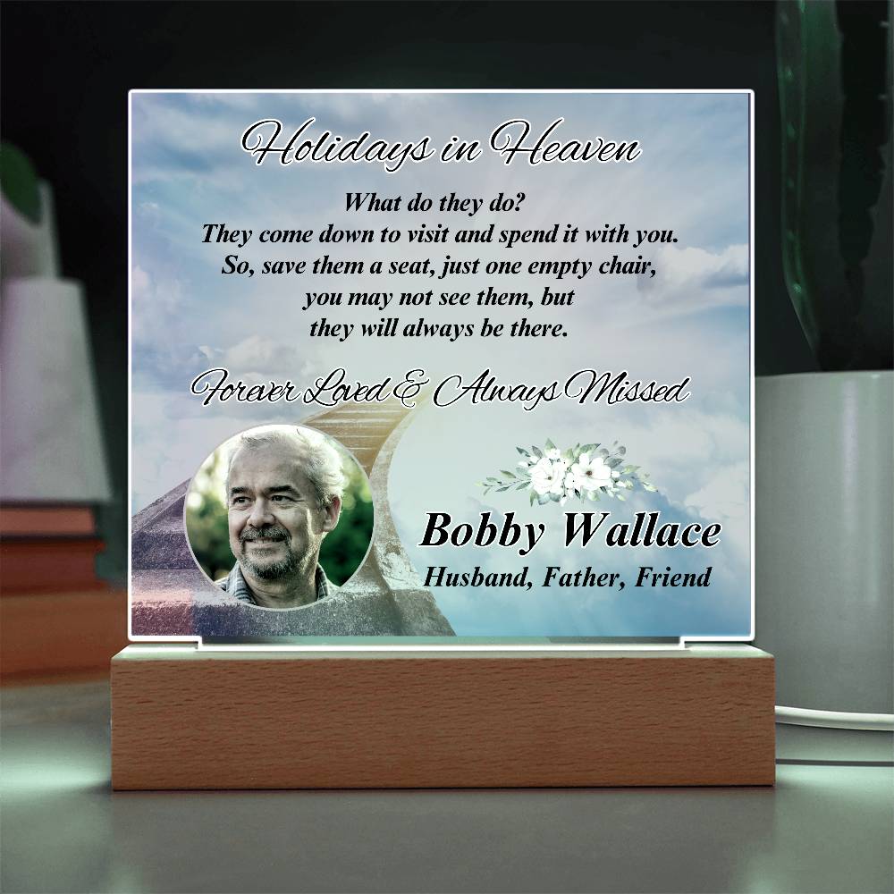 Holidays In Heaven - LED Memorial Photo Gift with Personalized Photo & Acrylic Design – Personalized Sympathy Gifts by Sunrise Keepsakes