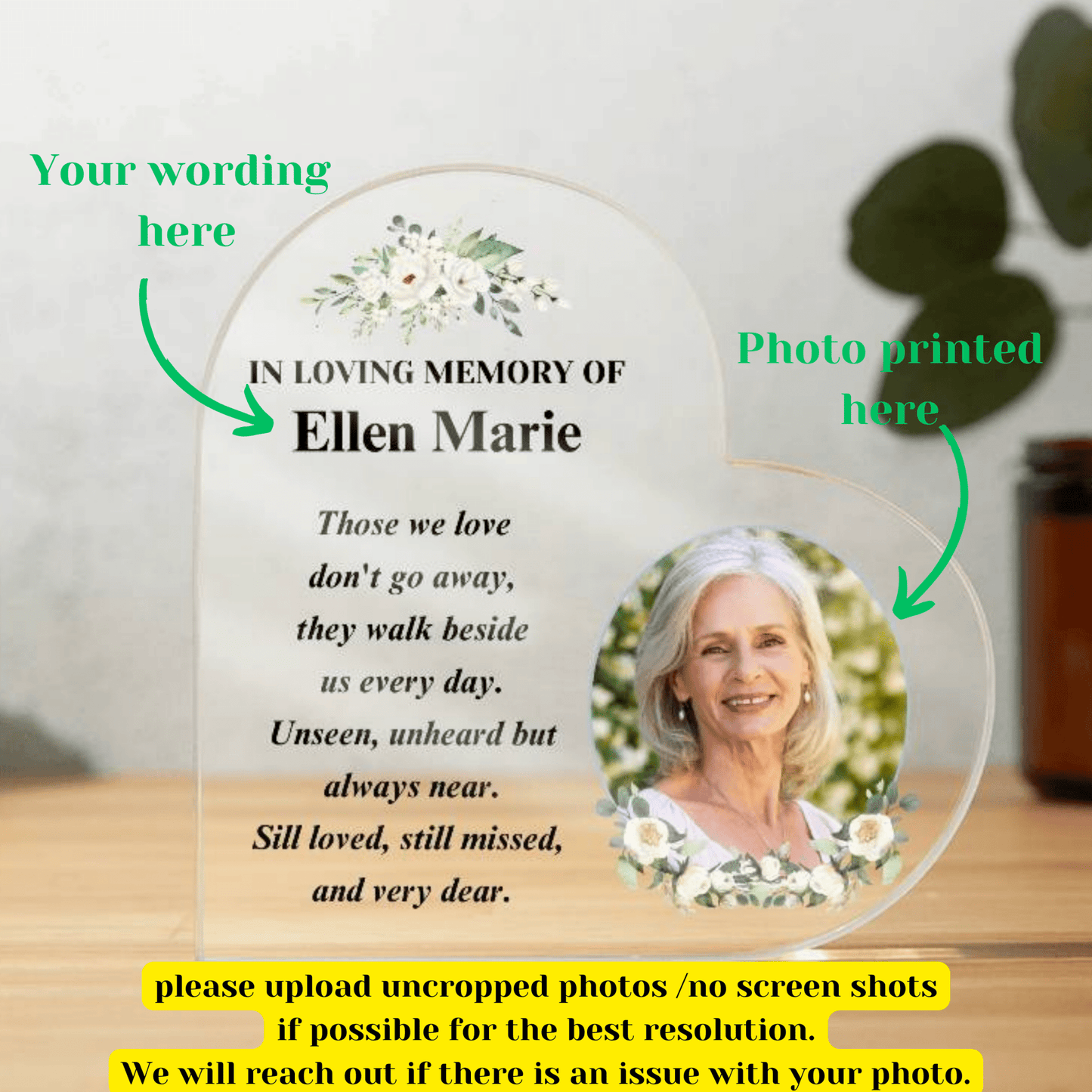 Memorial Photo Gift - Those We Love Don't Go Away - Acrylic Heart – Personalized Sympathy Gifts by Sunrise Keepsakes
