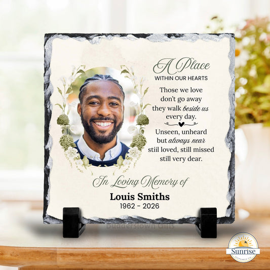 Memorial Photo Plaque – A Place Within Our Hearts - Green Floral – Personalized Sympathy Gifts by Sunrise Keepsakes