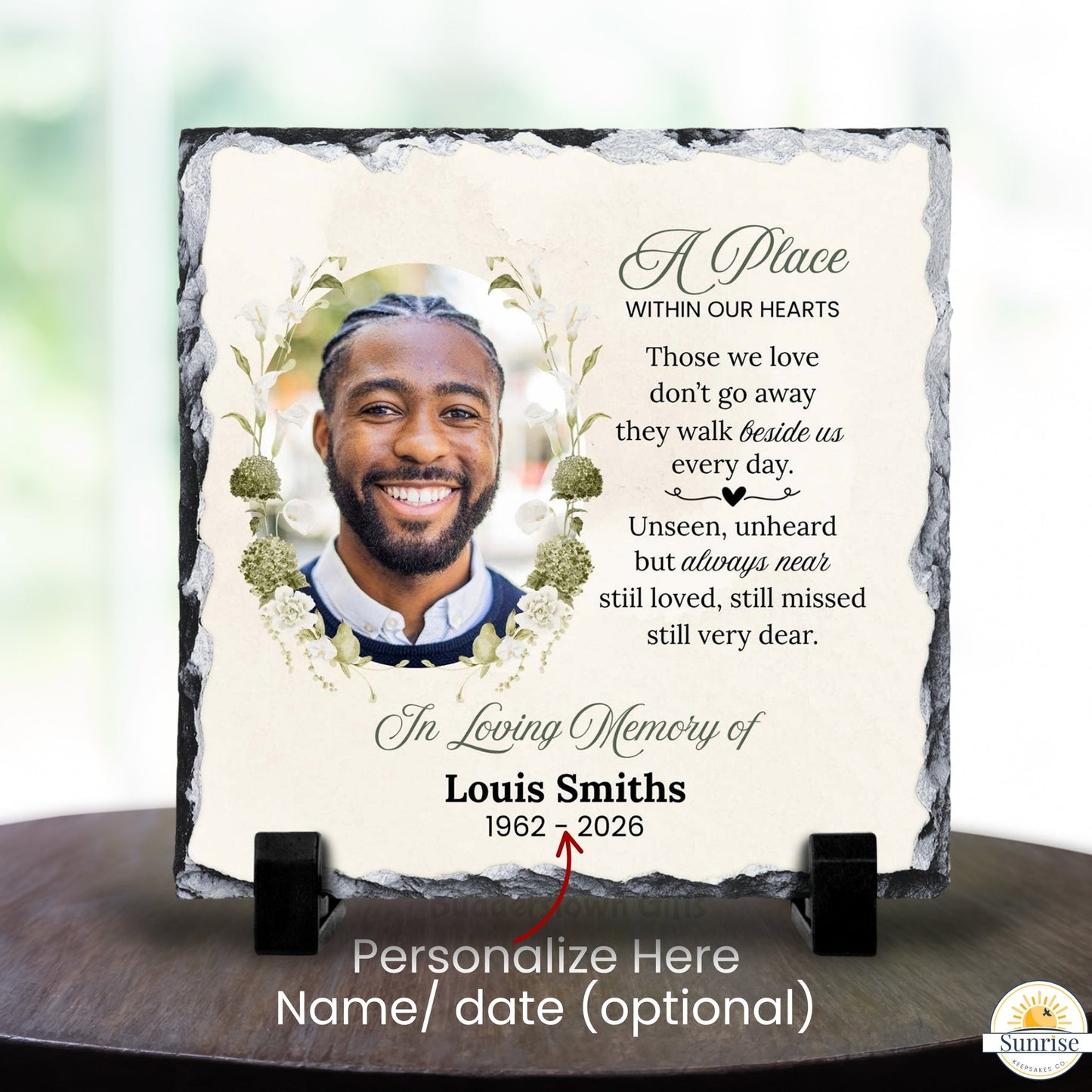 Memorial Photo Plaque – A Place Within Our Hearts - Green Floral – Personalized Sympathy Gifts by Sunrise Keepsakes