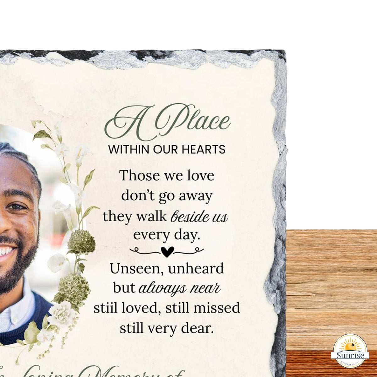 Memorial Photo Plaque – A Place Within Our Hearts - Green Floral – Personalized Sympathy Gifts by Sunrise Keepsakes