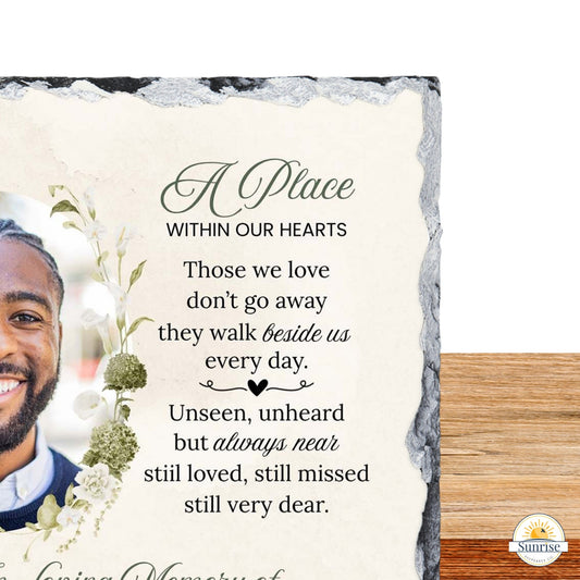 Memorial Photo Plaque – A Place Within Our Hearts - Green Floral – Personalized Sympathy Gifts by Sunrise Keepsakes