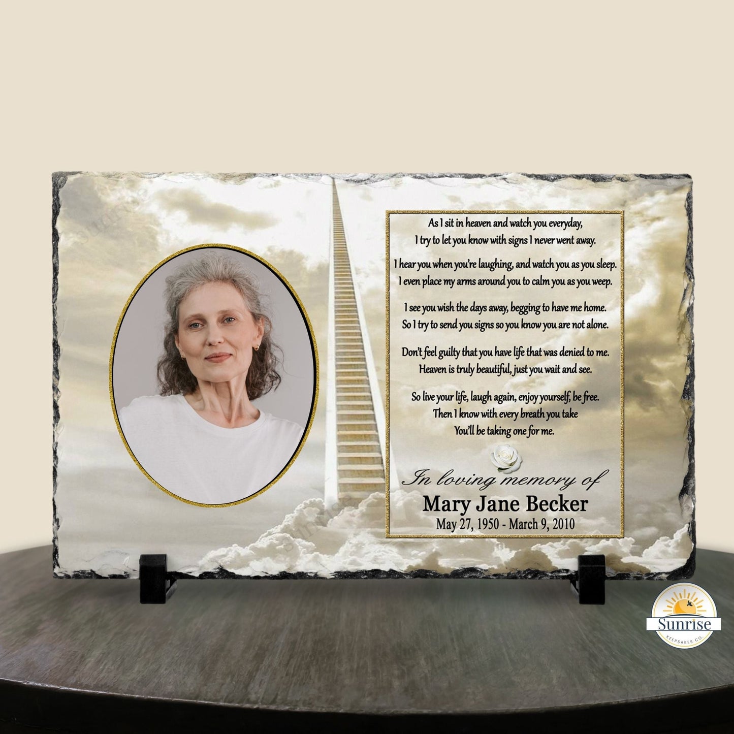 Memorial Photo Plaque – “As I Sit in Heaven” Poem (Golden Sky) – Personalized Memorial Ceremony Supplies by Sunrise Keepsakes