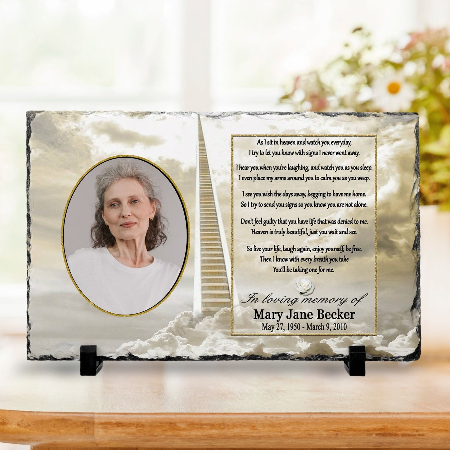 Memorial Photo Plaque – “As I Sit in Heaven” Poem (Golden Sky) – Personalized Memorial Ceremony Supplies by Sunrise Keepsakes