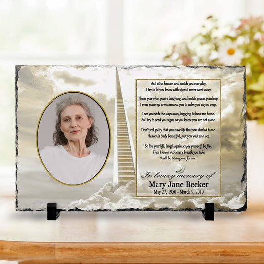 Memorial Photo Plaque – “As I Sit in Heaven” Poem (Golden Sky) – Personalized Memorial Ceremony Supplies by Sunrise Keepsakes