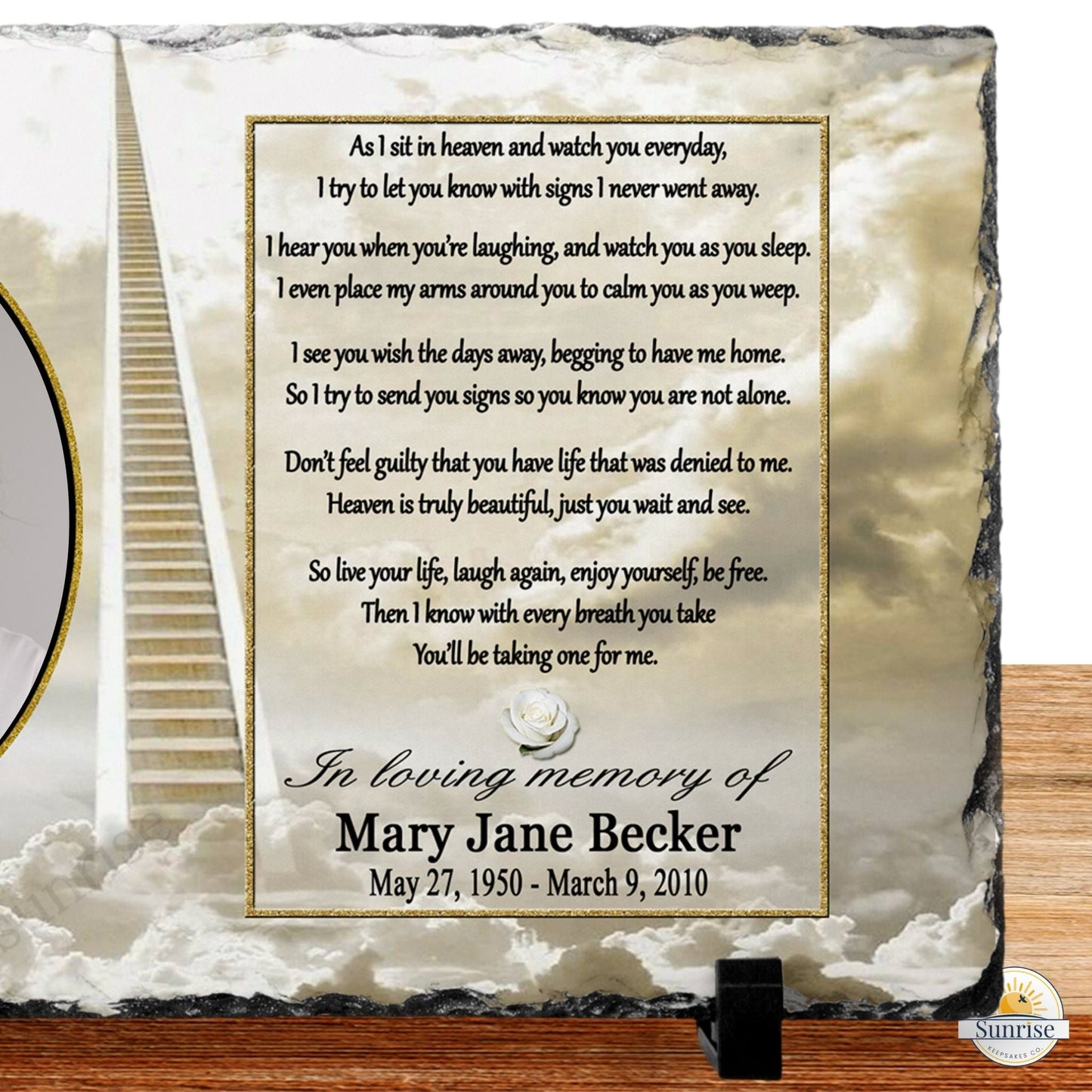 Memorial Photo Plaque – “As I Sit in Heaven” Poem (Golden Sky) – Personalized Memorial Ceremony Supplies by Sunrise Keepsakes