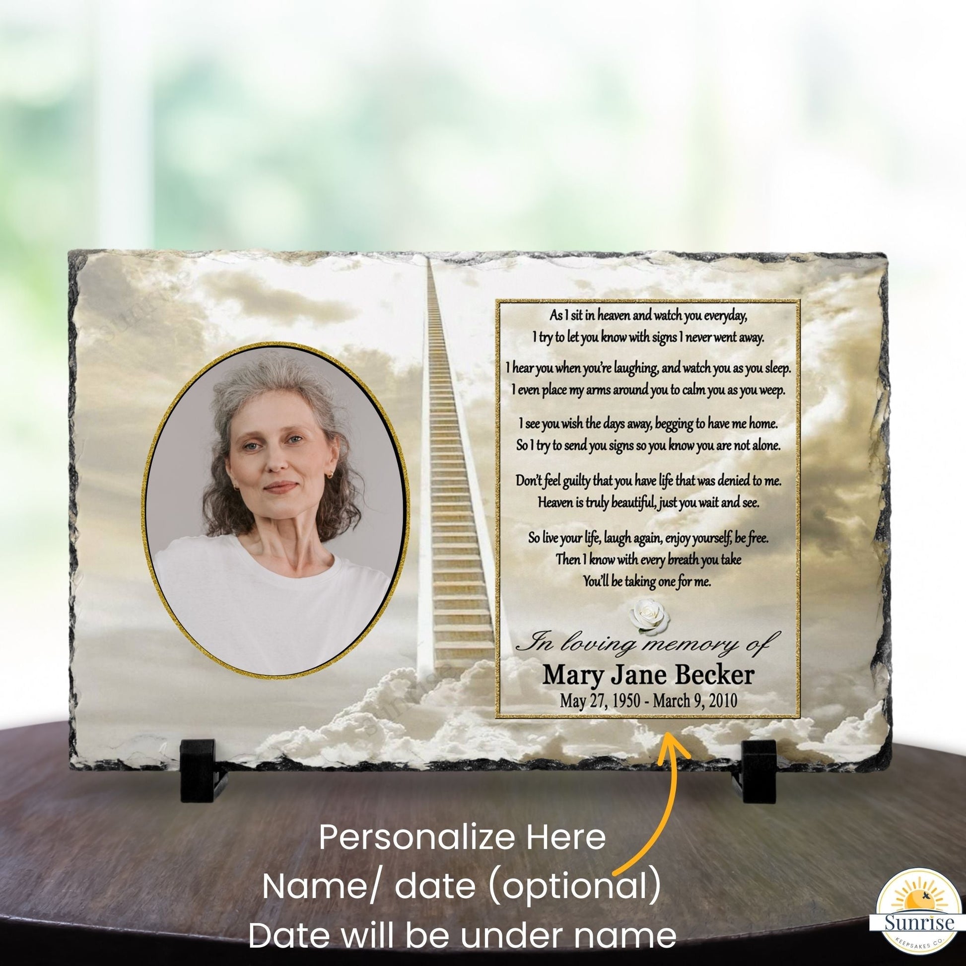 Memorial Photo Plaque – “As I Sit in Heaven” Poem (Golden Sky) – Personalized Memorial Ceremony Supplies by Sunrise Keepsakes