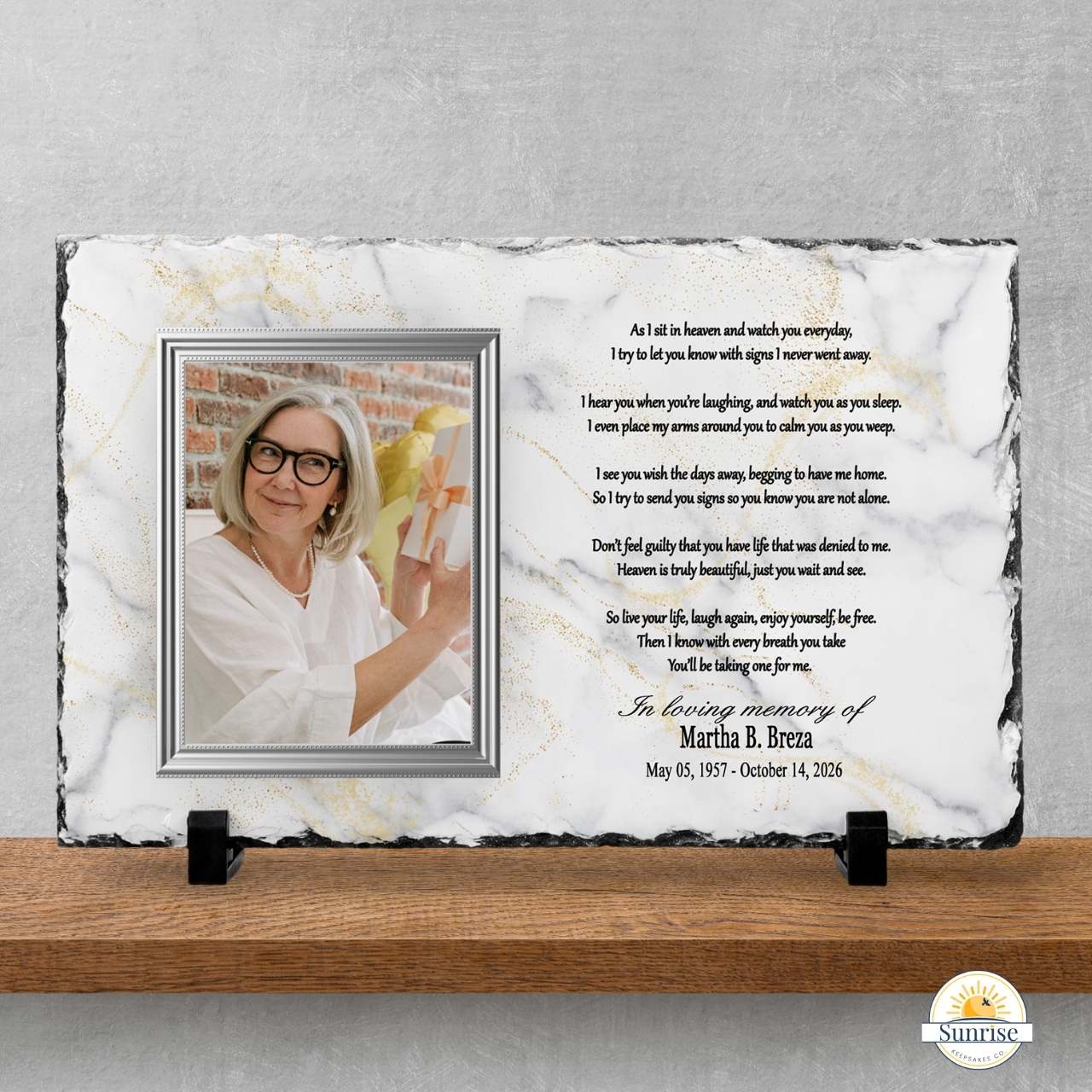 Memorial Photo Plaque – “As I Sit in Heaven” Poem (Marble Background) – Personalized Memorial Ceremony Supplies by Sunrise Keepsakes