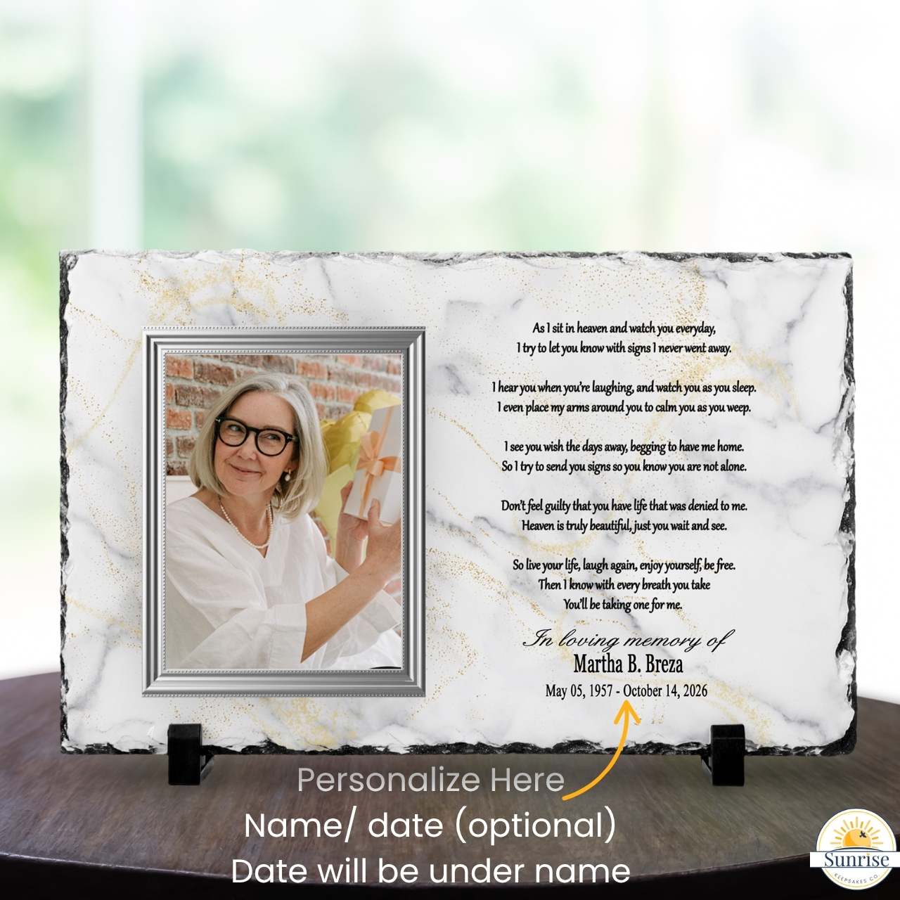 Memorial Photo Plaque – “As I Sit in Heaven” Poem (Marble Background) – Personalized Memorial Ceremony Supplies by Sunrise Keepsakes