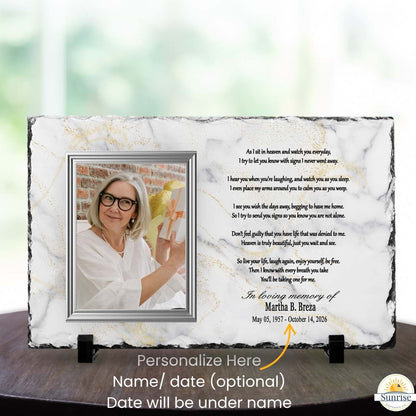 Memorial Photo Plaque – “As I Sit in Heaven” Poem (Marble Background) – Personalized Memorial Ceremony Supplies by Sunrise Keepsakes