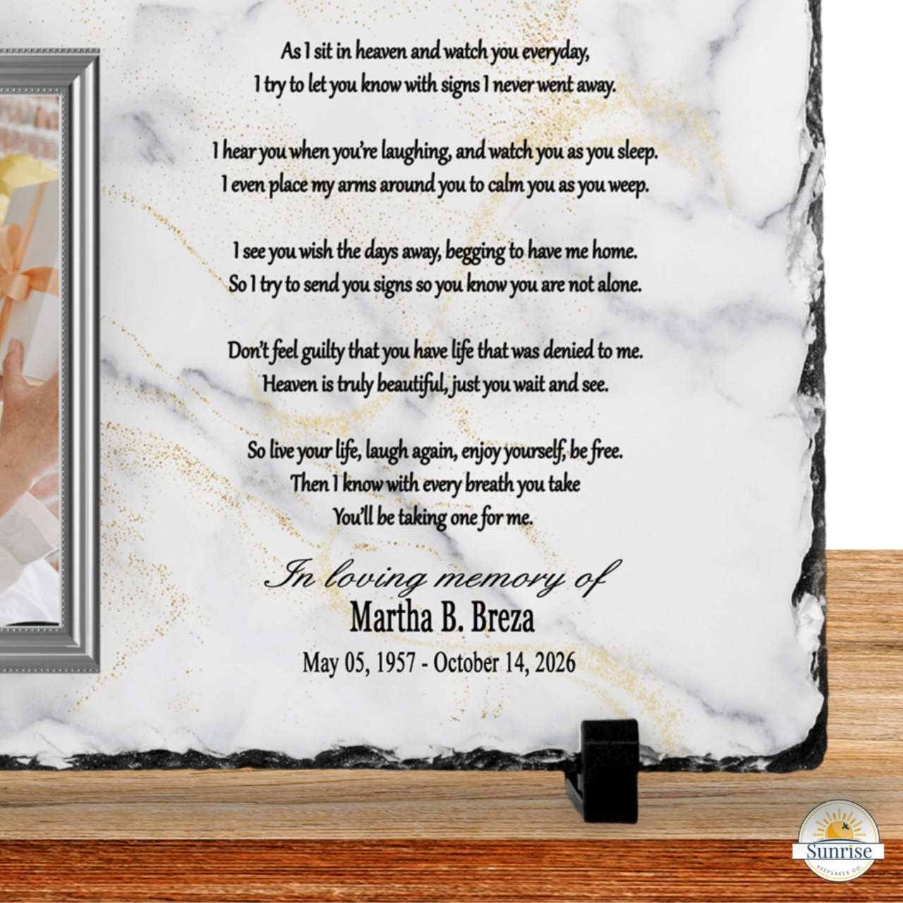 Memorial Photo Plaque – “As I Sit in Heaven” Poem (Marble Background) – Personalized Memorial Ceremony Supplies by Sunrise Keepsakes