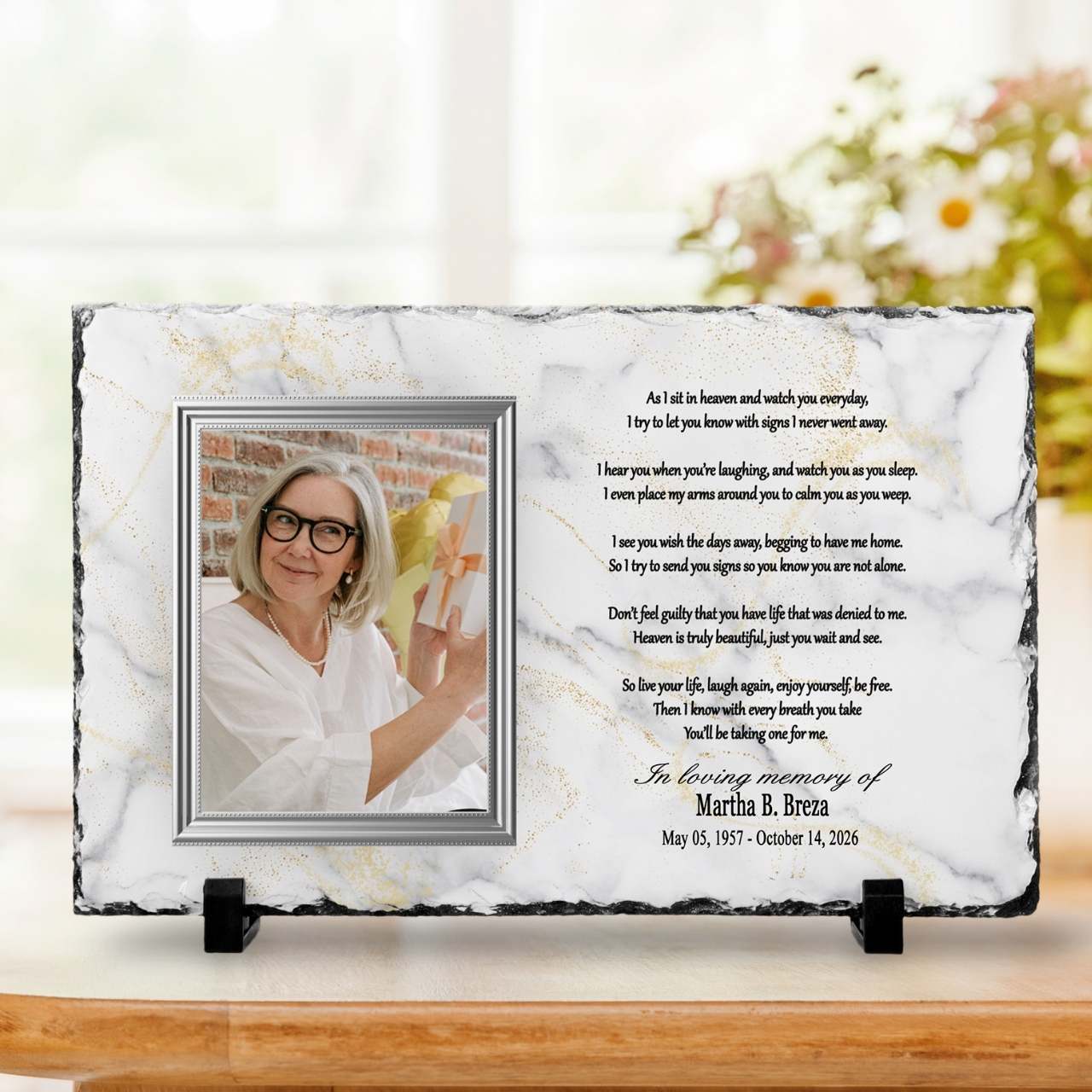Memorial Photo Plaque – “As I Sit in Heaven” Poem (Marble Background) – Personalized Memorial Ceremony Supplies by Sunrise Keepsakes
