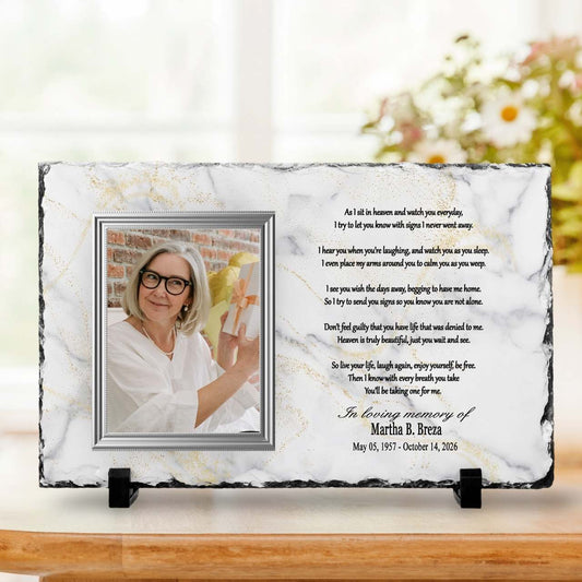 Memorial Photo Plaque – “As I Sit in Heaven” Poem (Marble Background) – Personalized Memorial Ceremony Supplies by Sunrise Keepsakes