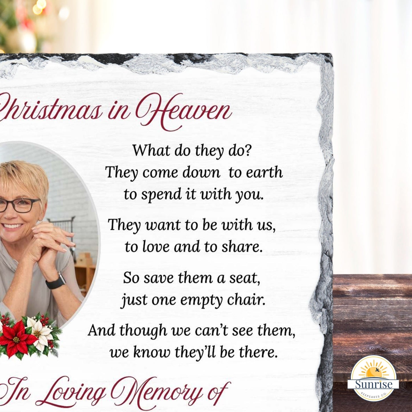 Memorial Photo Plaque – Christmas in Heaven Poinsettia – Personalized Sympathy Gifts by Sunrise Keepsakes
