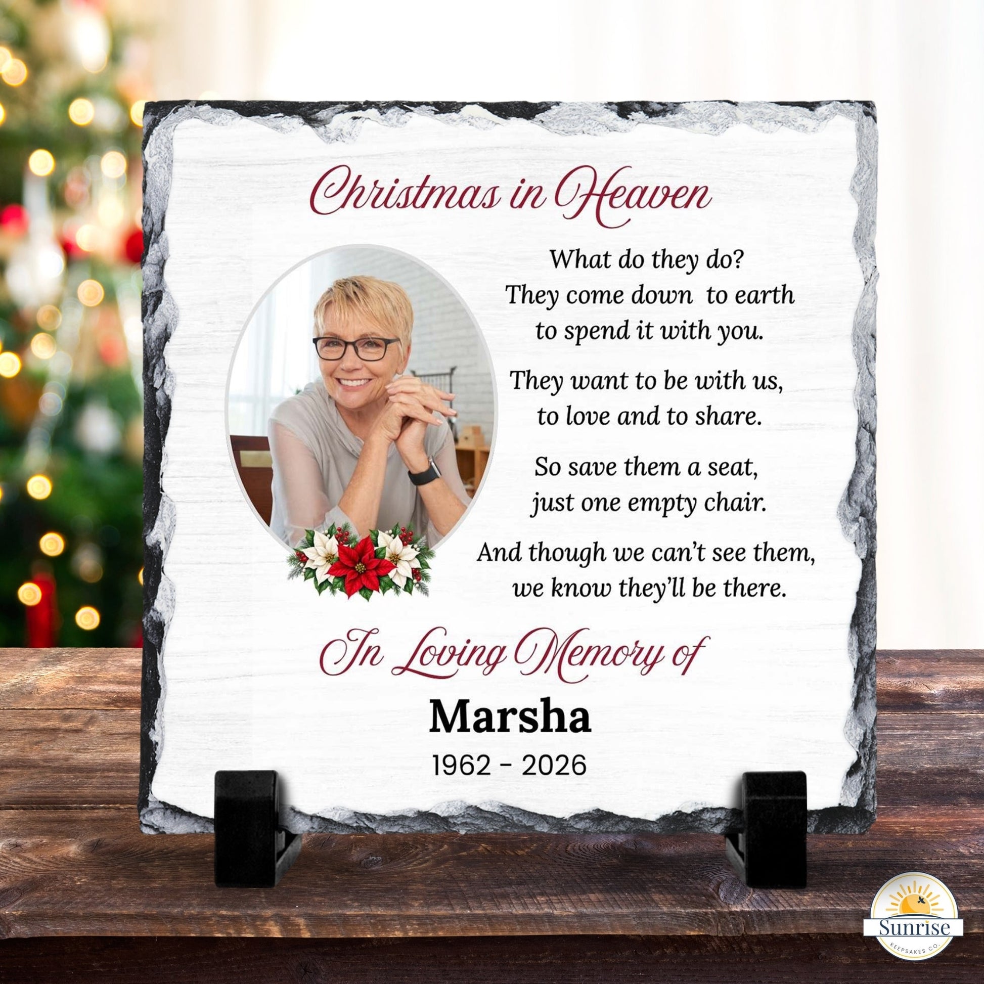 Memorial Photo Plaque – Christmas in Heaven Poinsettia – Personalized Sympathy Gifts by Sunrise Keepsakes