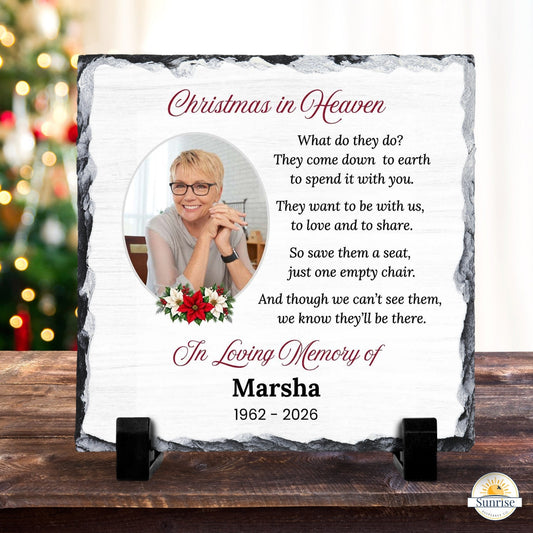 Memorial Photo Plaque – Christmas in Heaven Poinsettia – Personalized Sympathy Gifts by Sunrise Keepsakes