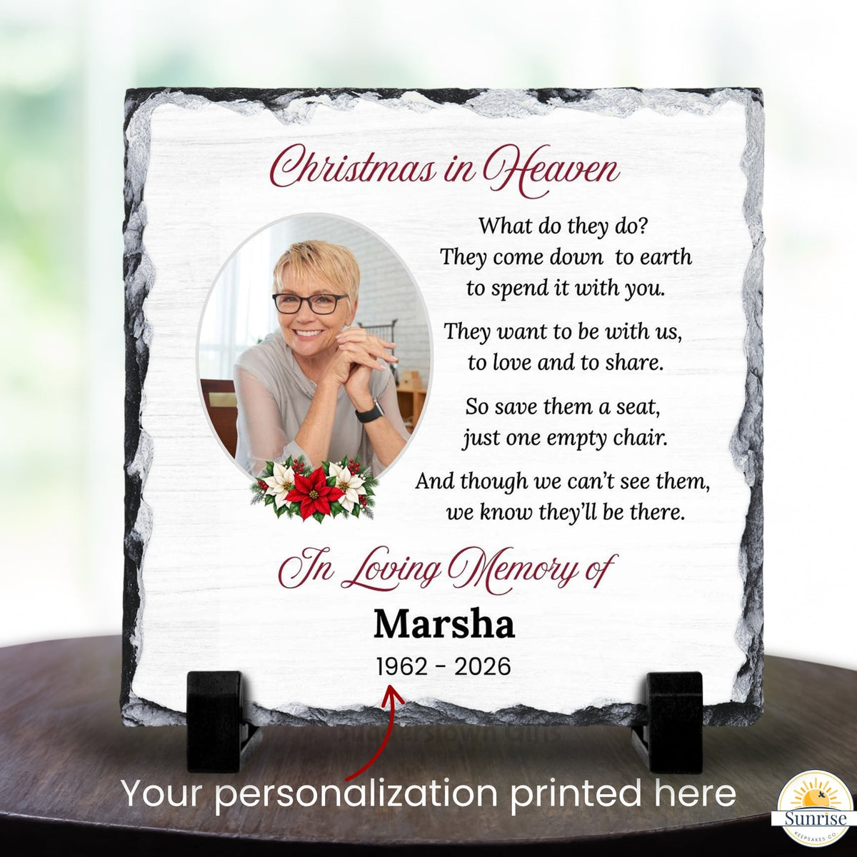 Memorial Photo Plaque – Christmas in Heaven Poinsettia – Personalized Sympathy Gifts by Sunrise Keepsakes