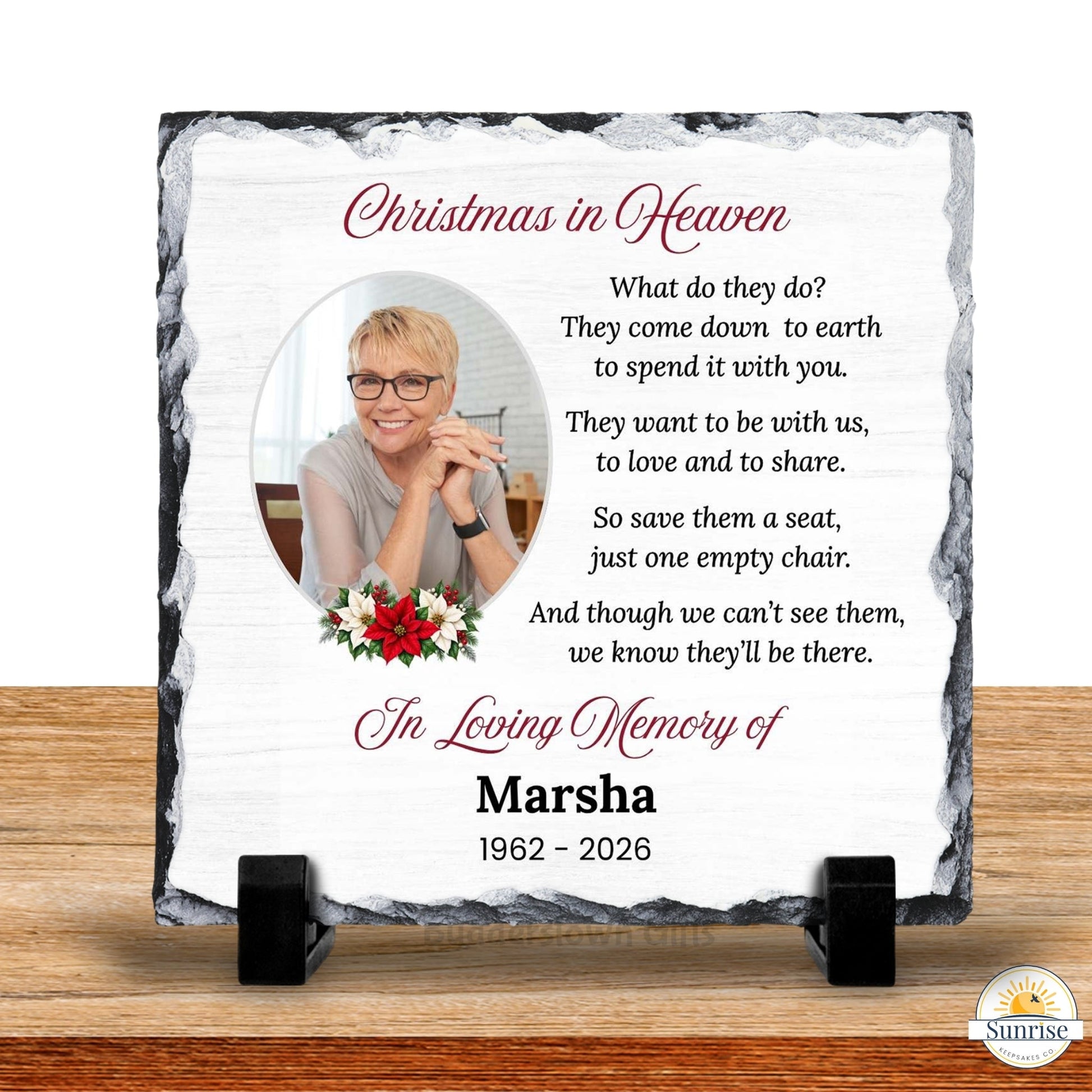 Memorial Photo Plaque – Christmas in Heaven Poinsettia – Personalized Sympathy Gifts by Sunrise Keepsakes