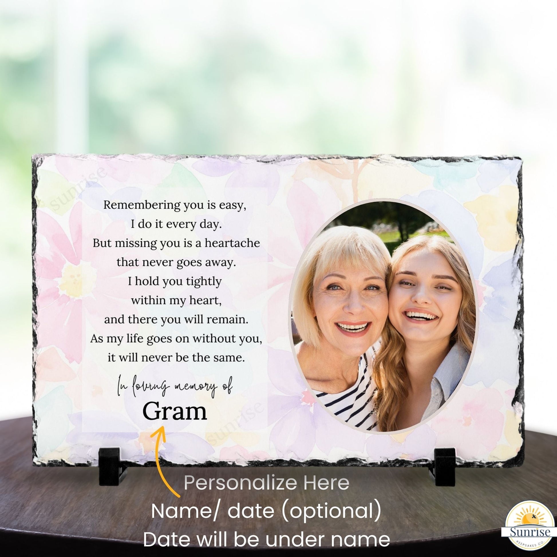 Memorial Photo Plaque – “Remembering You” Sympathy Gift – Watercolor Flowers – Personalized Sympathy Gifts by Sunrise Keepsakes
