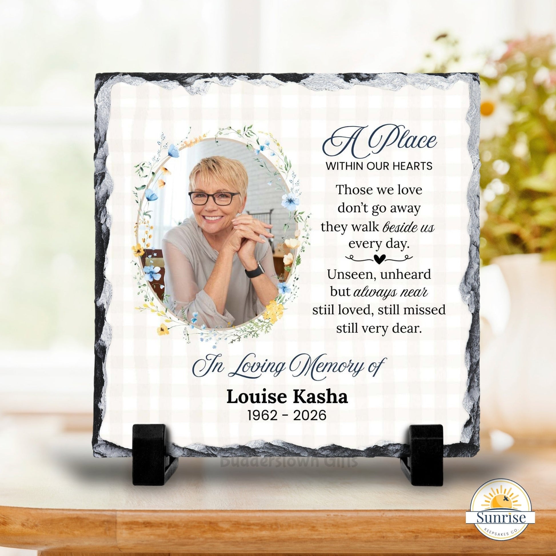 Memorial Photo Plaque – Those We Love Don’t Go Away Blue Floral – Personalized Sympathy Gifts by Sunrise Keepsakes