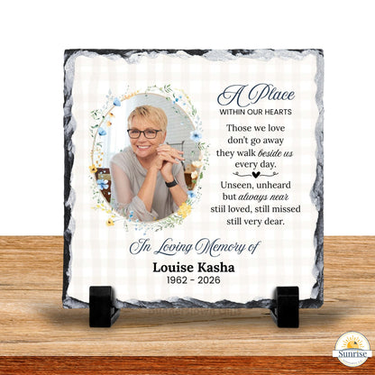 Memorial Photo Plaque – Those We Love Don’t Go Away Blue Floral – Personalized Sympathy Gifts by Sunrise Keepsakes