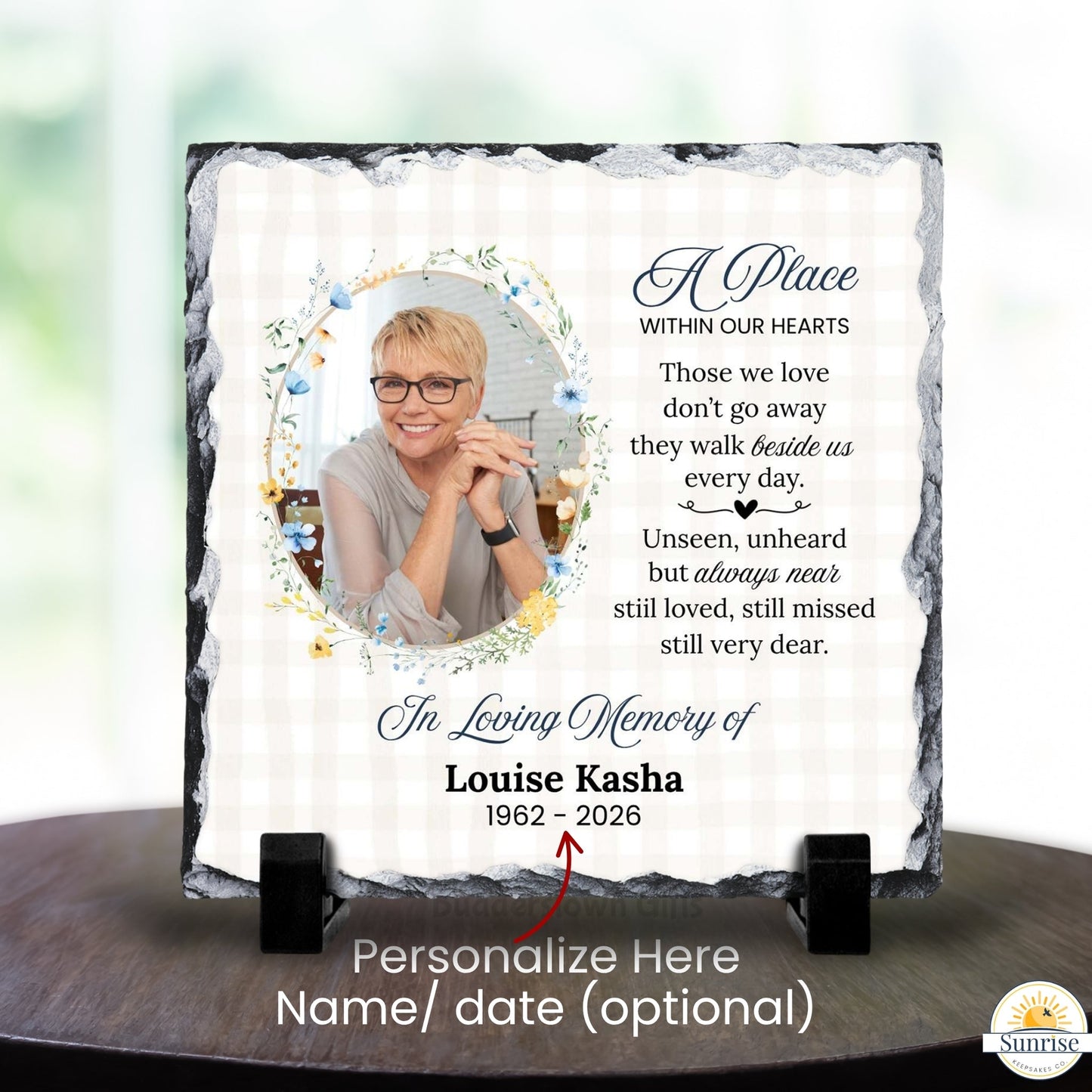 Memorial Photo Plaque – Those We Love Don’t Go Away Blue Floral – Personalized Sympathy Gifts by Sunrise Keepsakes