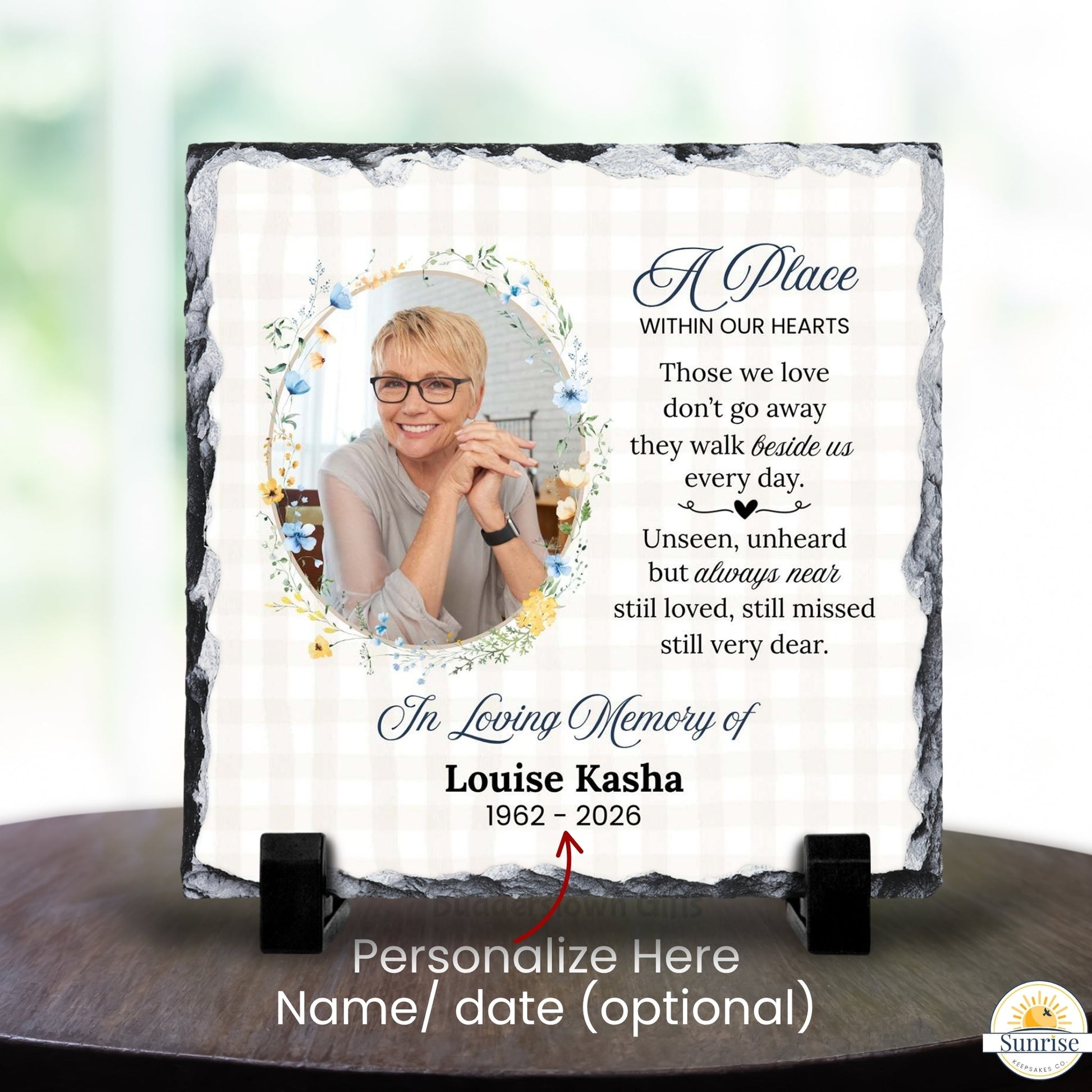 Memorial Photo Plaque – Those We Love Don’t Go Away Blue Floral – Personalized Sympathy Gifts by Sunrise Keepsakes