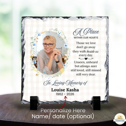 Memorial Photo Plaque – Those We Love Don’t Go Away Blue Floral – Personalized Sympathy Gifts by Sunrise Keepsakes