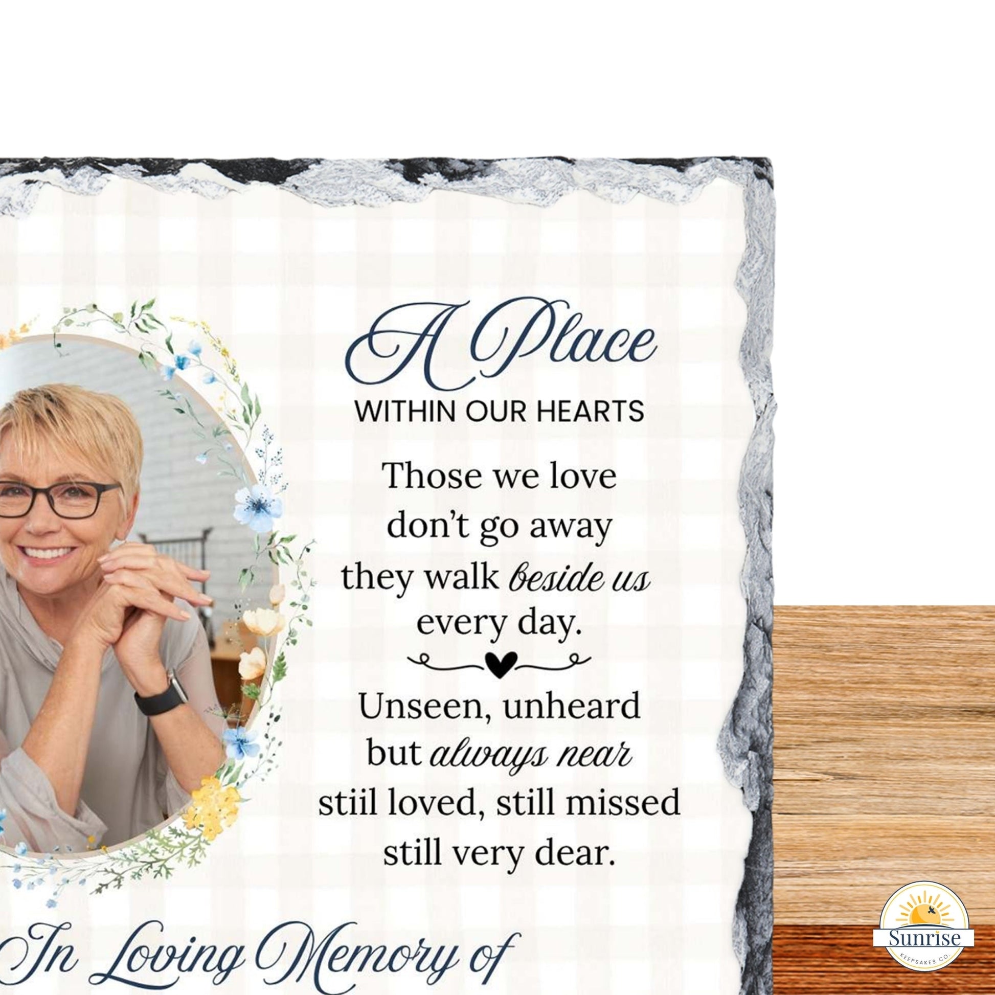 Memorial Photo Plaque – Those We Love Don’t Go Away Blue Floral – Personalized Sympathy Gifts by Sunrise Keepsakes
