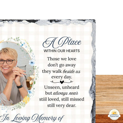 Memorial Photo Plaque – Those We Love Don’t Go Away Blue Floral – Personalized Sympathy Gifts by Sunrise Keepsakes