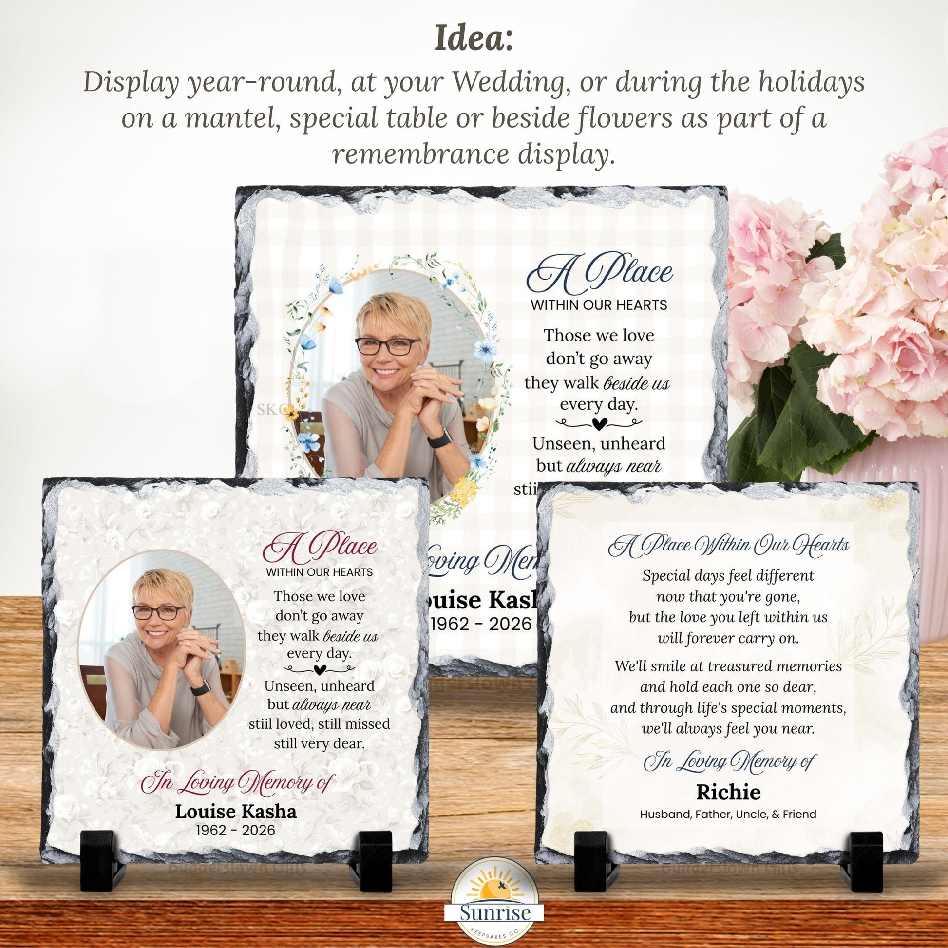 Memorial Photo Plaque – Those We Love Don’t Go Away Soft Floral – Personalized Sympathy Gifts by Sunrise Keepsakes
