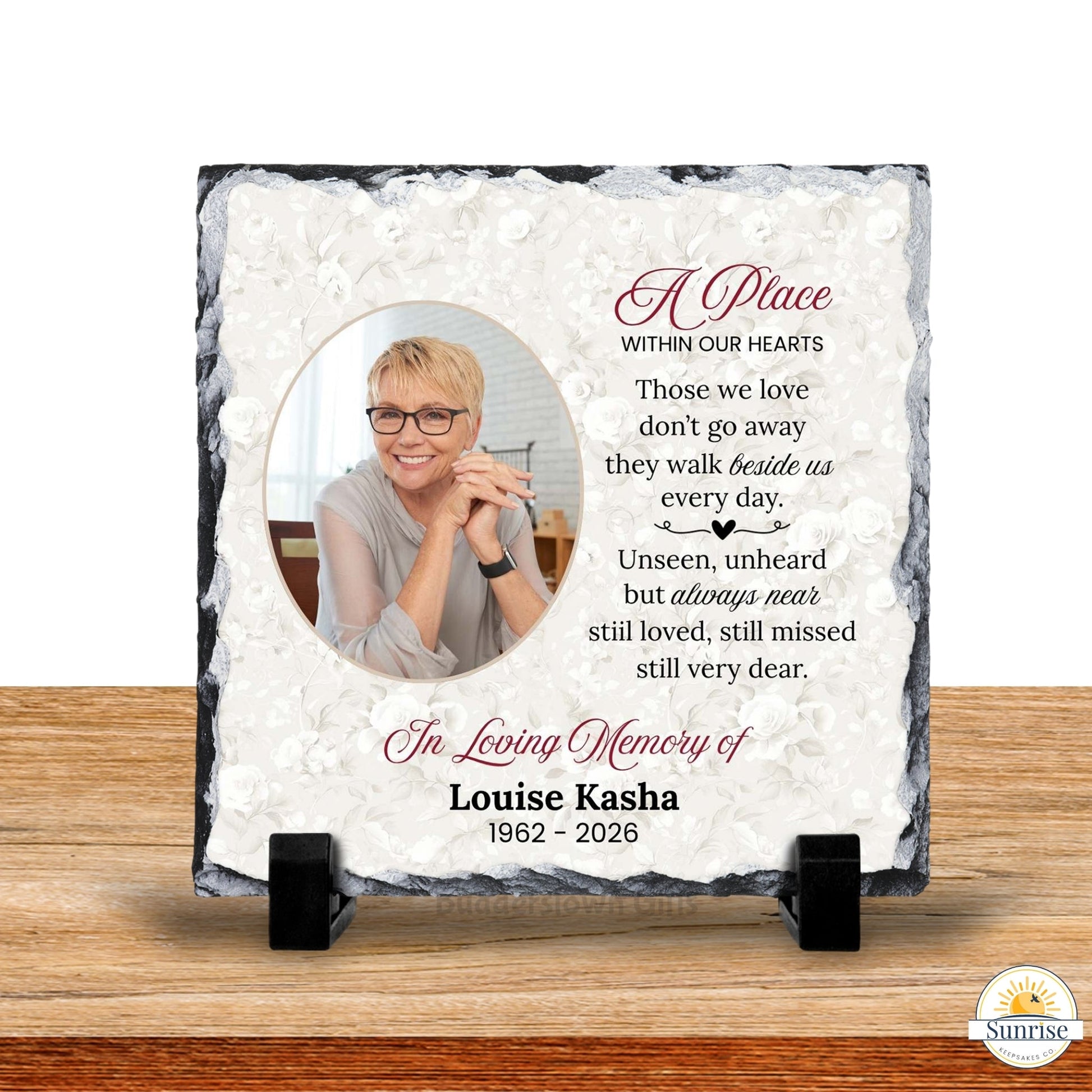 Memorial Photo Plaque – Those We Love Don’t Go Away Soft Floral – Personalized Sympathy Gifts by Sunrise Keepsakes