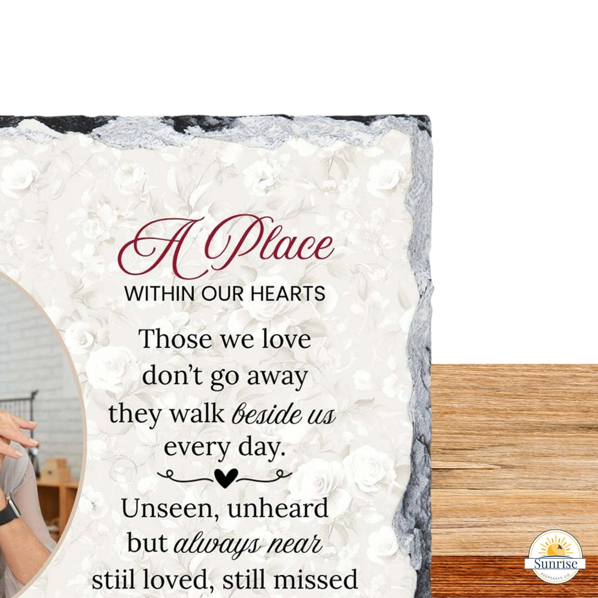 Memorial Photo Plaque – Those We Love Don’t Go Away Soft Floral – Personalized Sympathy Gifts by Sunrise Keepsakes