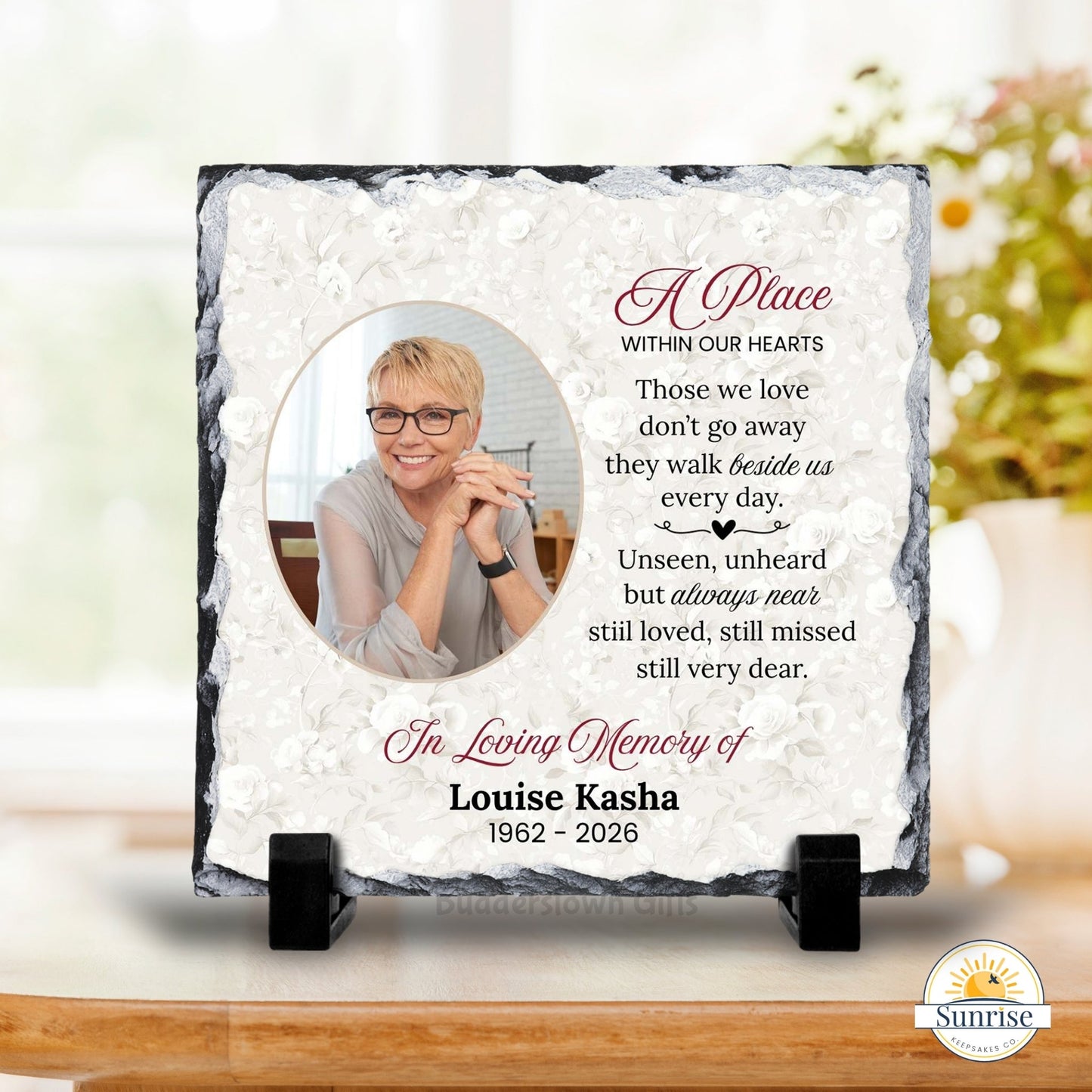 Memorial Photo Plaque – Those We Love Don’t Go Away Soft Floral – Personalized Sympathy Gifts by Sunrise Keepsakes