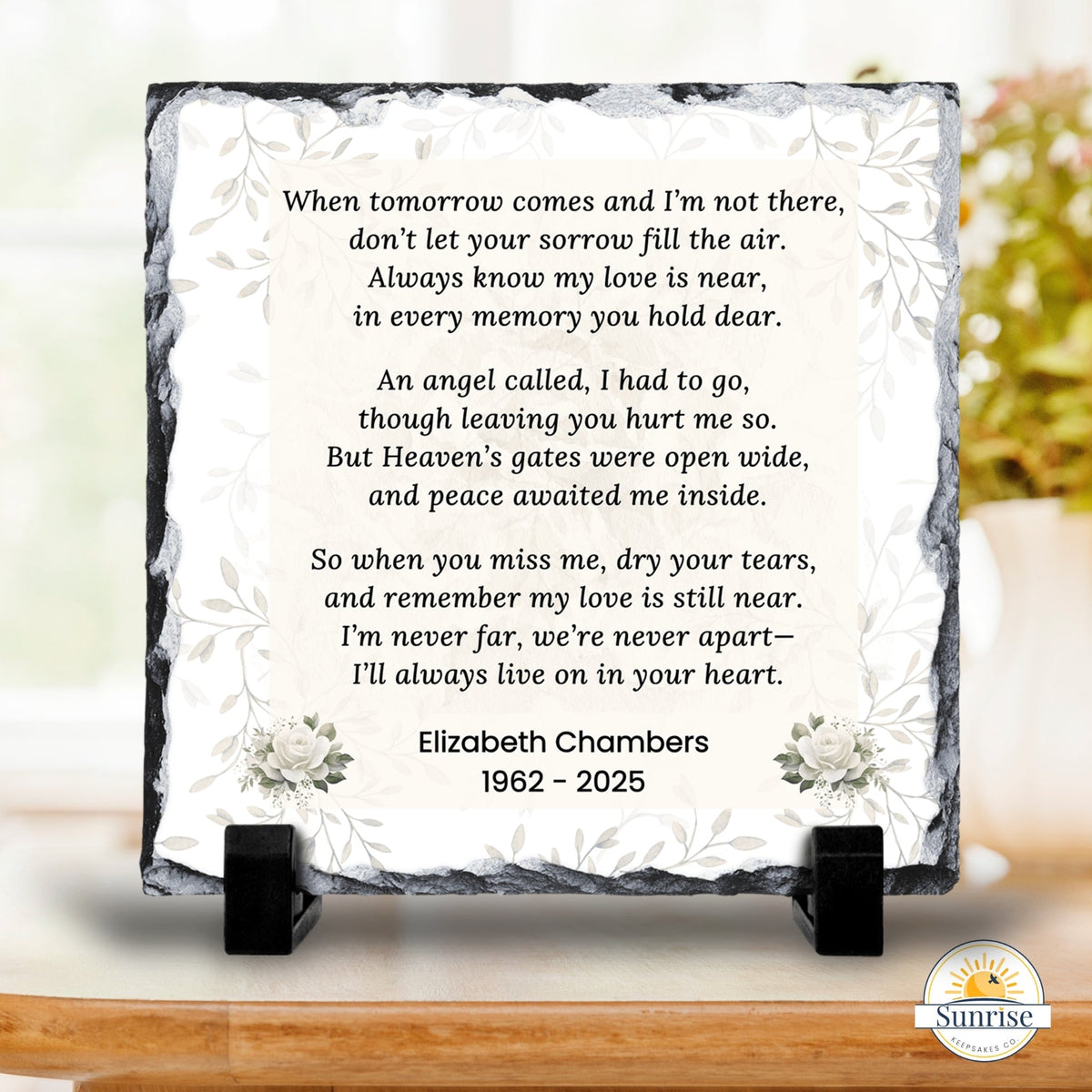 Memorial Photo Plaque – When Tomorrow Comes Neutral Floral – Personalized Sympathy Gifts by Sunrise Keepsakes