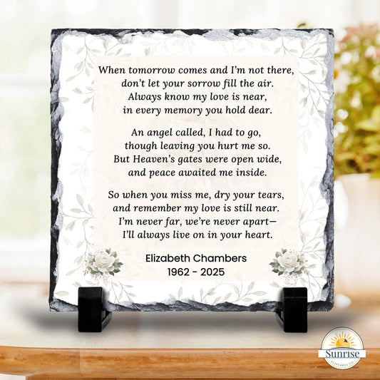 Memorial Photo Plaque – When Tomorrow Comes Neutral Floral – Personalized Sympathy Gifts by Sunrise Keepsakes