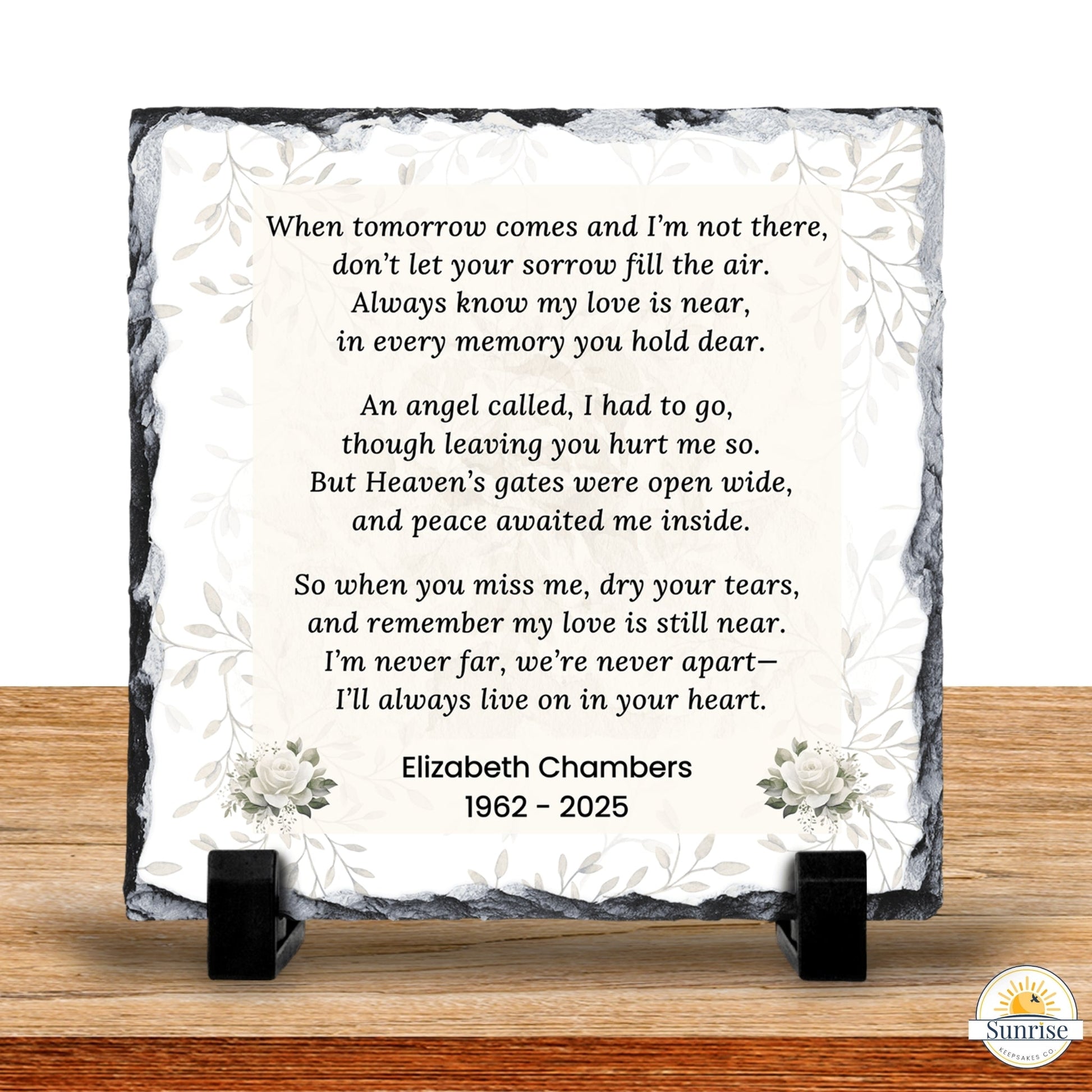 Memorial Photo Plaque – When Tomorrow Comes Neutral Floral – Personalized Sympathy Gifts by Sunrise Keepsakes