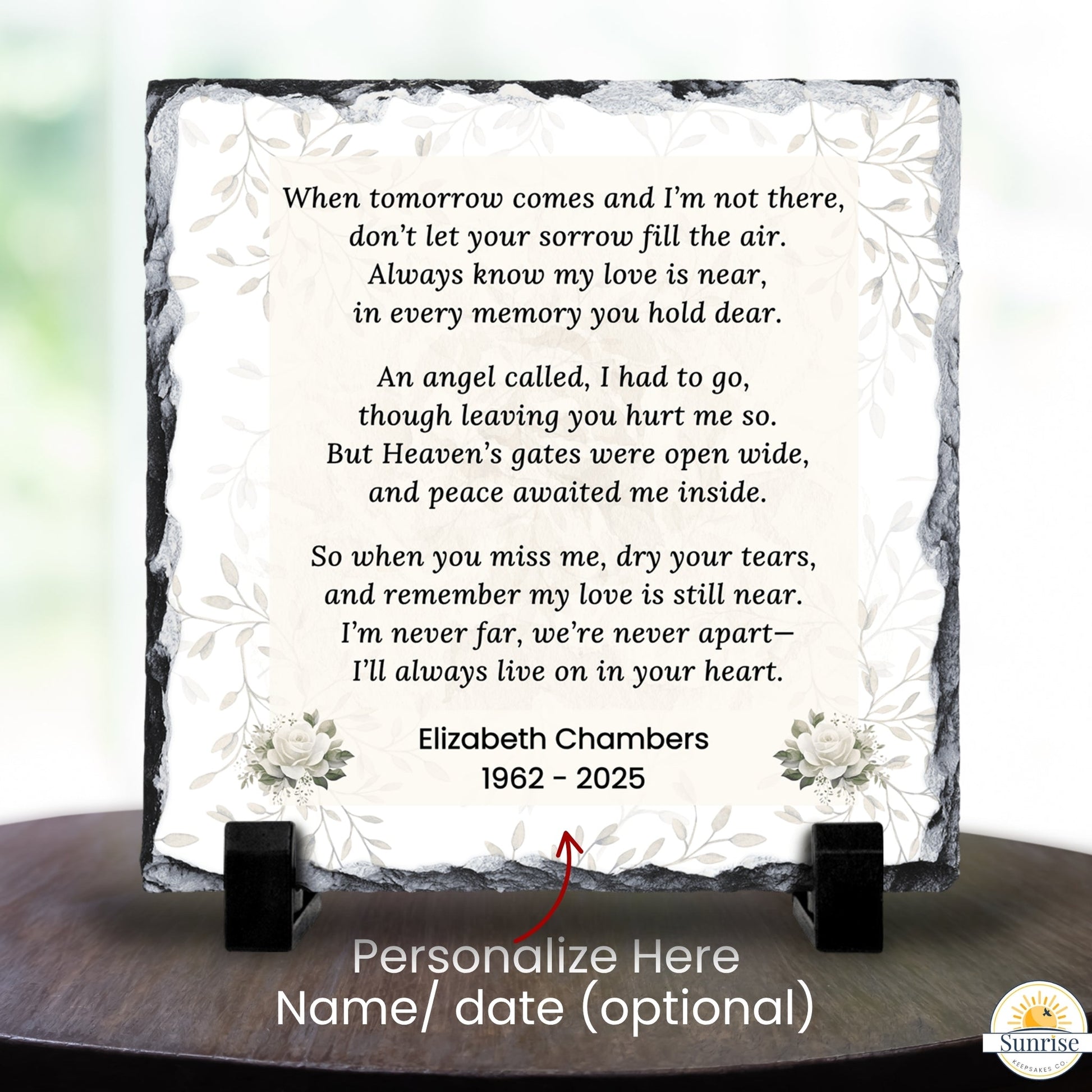 Memorial Photo Plaque – When Tomorrow Comes Neutral Floral – Personalized Sympathy Gifts by Sunrise Keepsakes