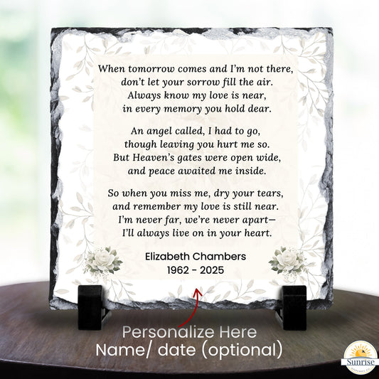 Memorial Photo Plaque – When Tomorrow Comes Neutral Floral – Personalized Sympathy Gifts by Sunrise Keepsakes