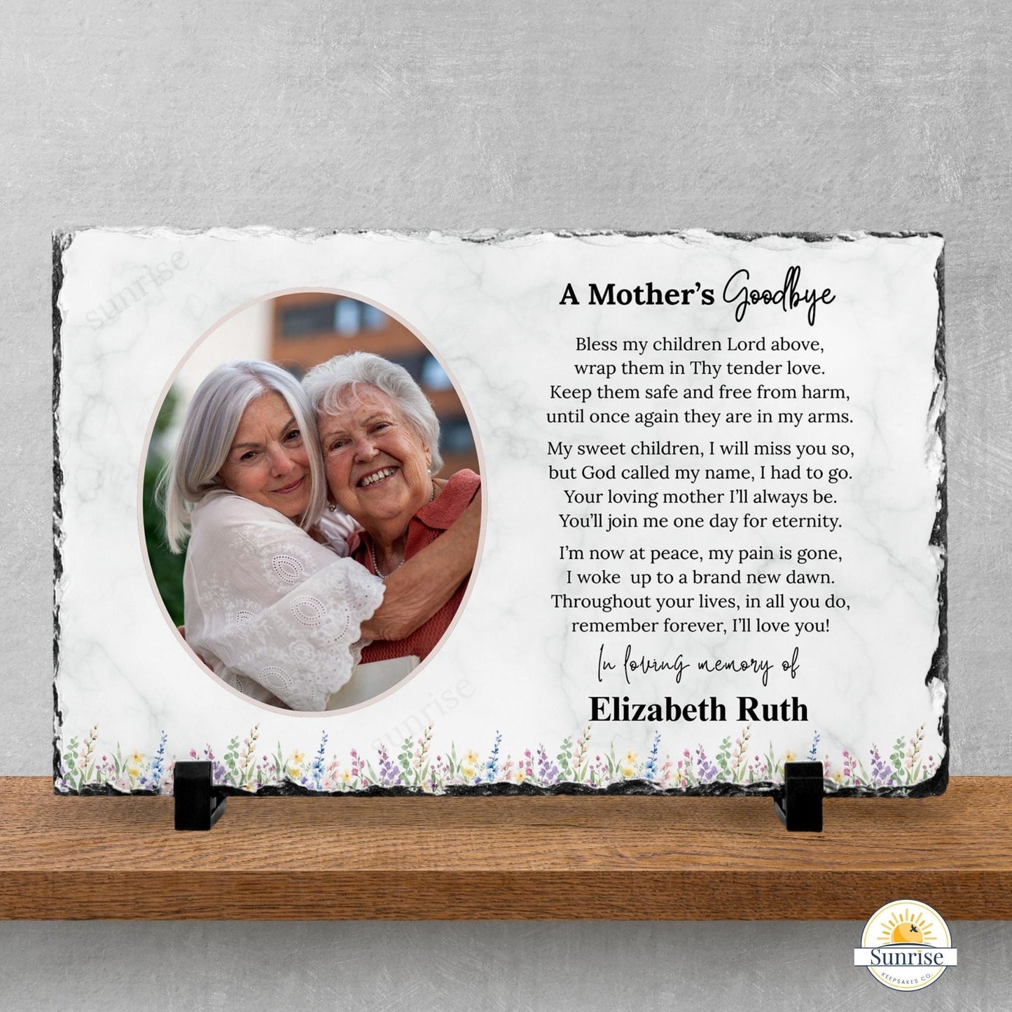 Memorial Plaque – A Mother's Goodbye – Feminine Floral Remembrance – Personalized Sympathy Gifts by Sunrise Keepsakes