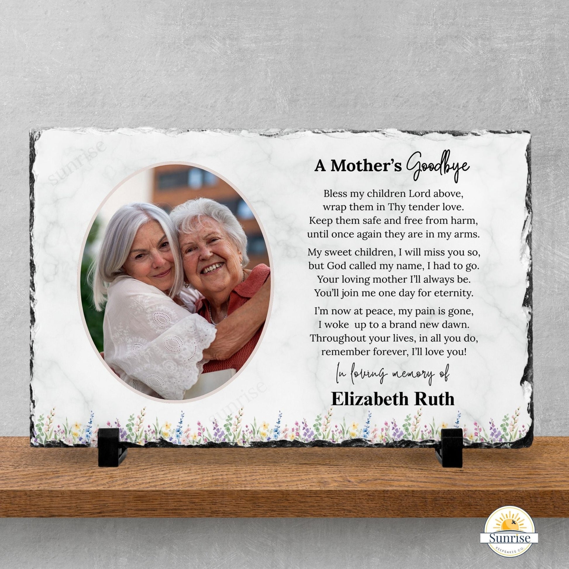 Memorial Plaque – A Mother's Goodbye – Feminine Floral Remembrance – Personalized Sympathy Gifts by Sunrise Keepsakes