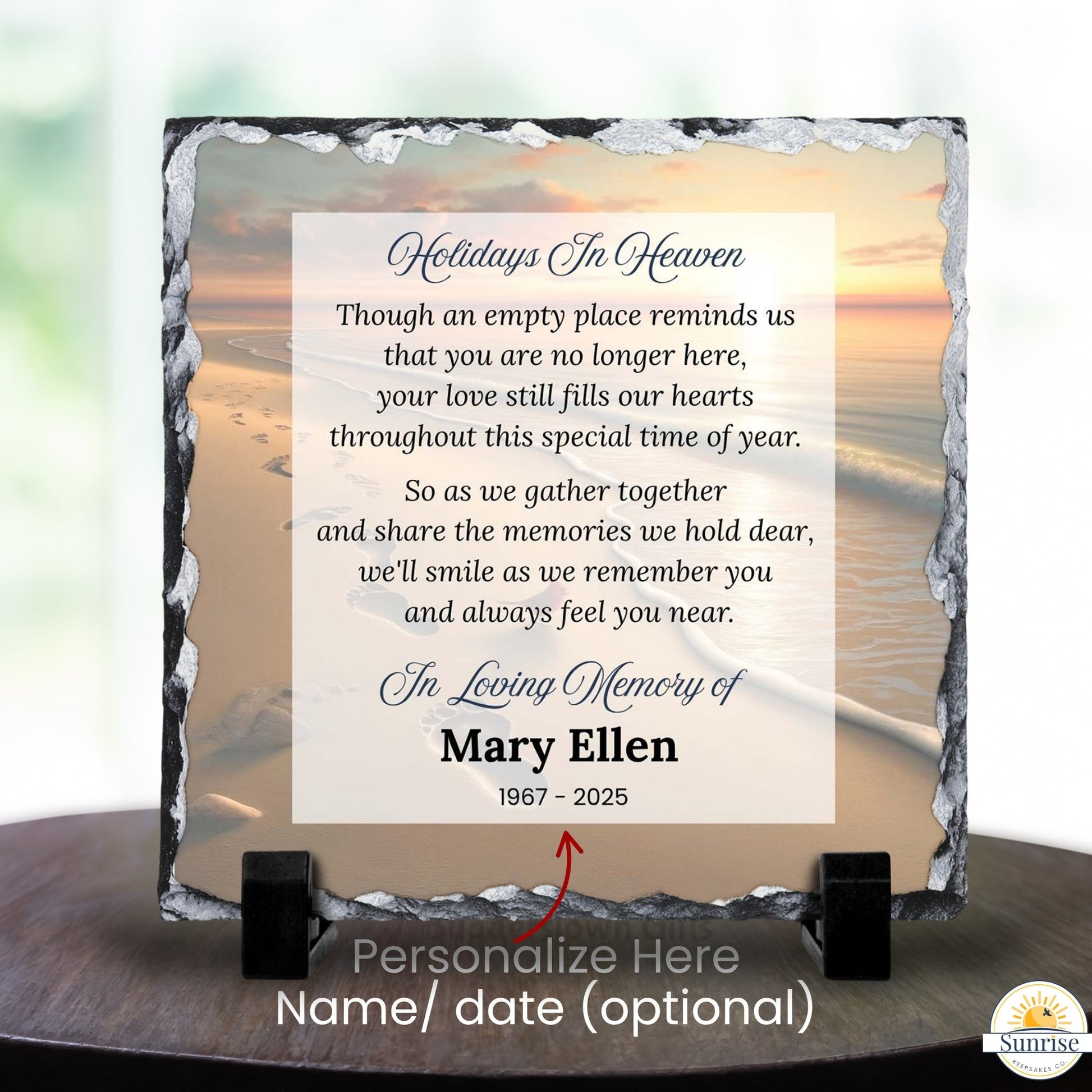 Memorial Plaque – Holidays in Heaven Beach Sunset – Personalized Sympathy Gifts by Sunrise Keepsakes