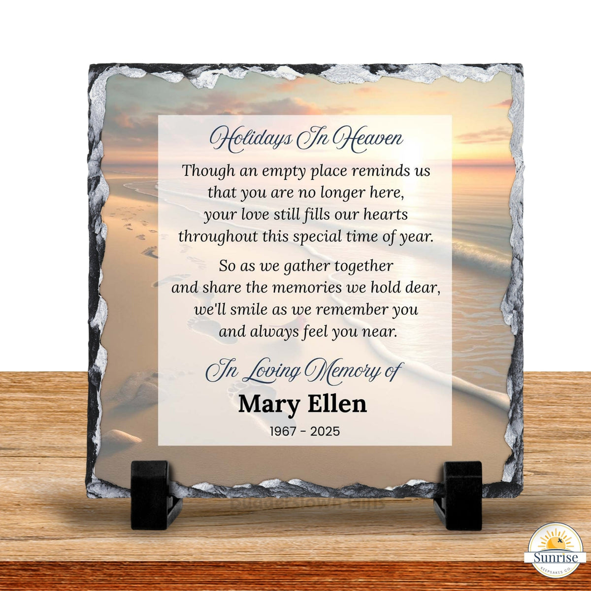 Memorial Plaque – Holidays in Heaven Beach Sunset – Personalized Sympathy Gifts by Sunrise Keepsakes