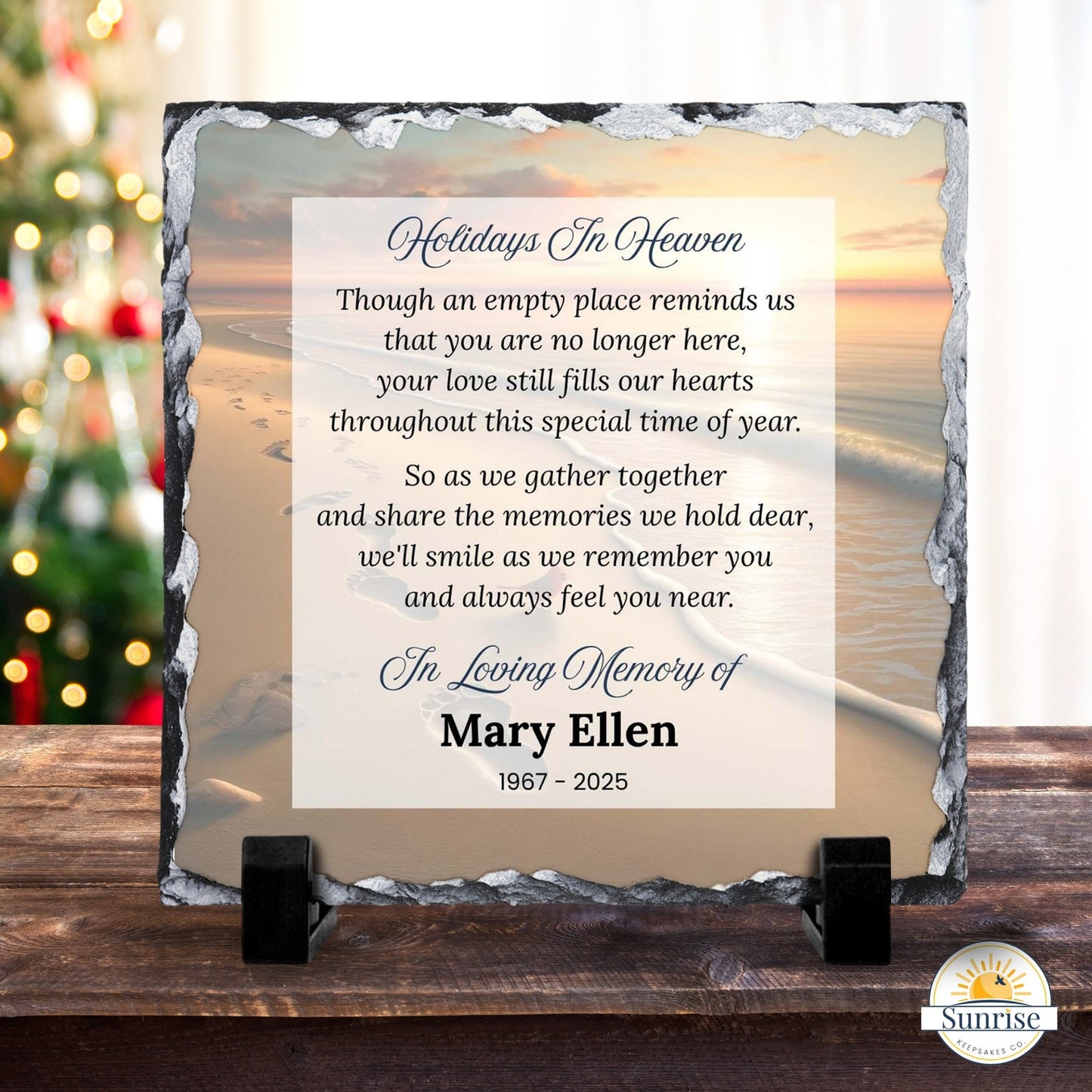 Memorial Plaque – Holidays in Heaven Beach Sunset – Personalized Sympathy Gifts by Sunrise Keepsakes