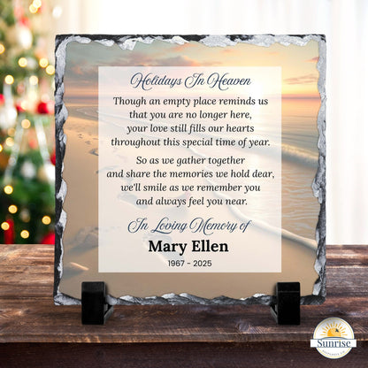 Memorial Plaque – Holidays in Heaven Beach Sunset – Personalized Sympathy Gifts by Sunrise Keepsakes