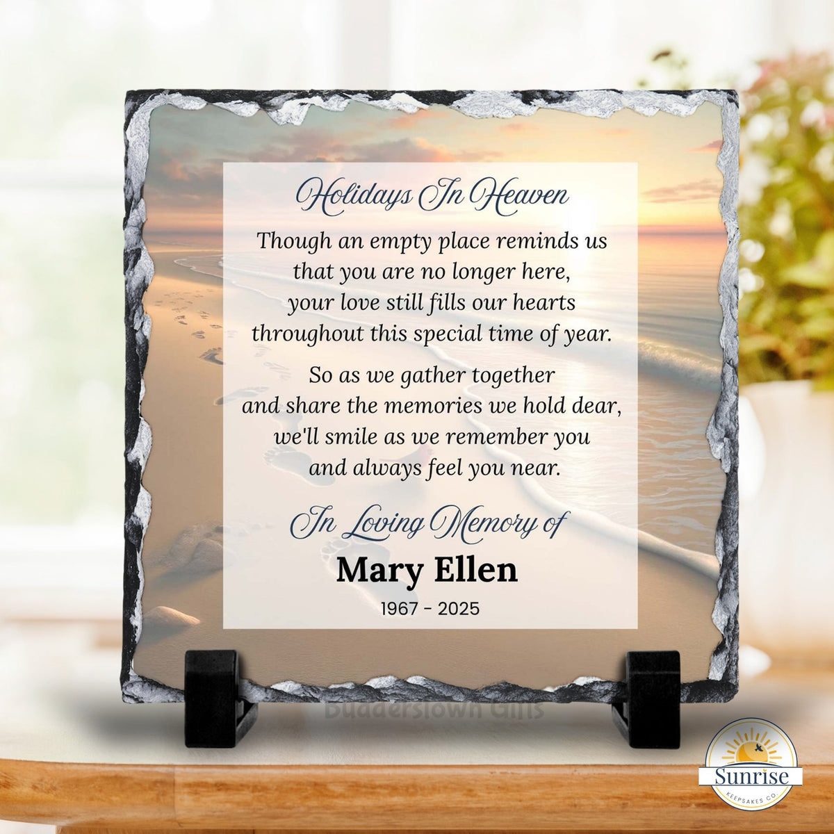 Memorial Plaque – Holidays in Heaven Beach Sunset – Personalized Sympathy Gifts by Sunrise Keepsakes