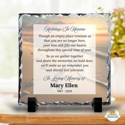 Memorial Plaque – Holidays in Heaven Beach Sunset – Personalized Sympathy Gifts by Sunrise Keepsakes