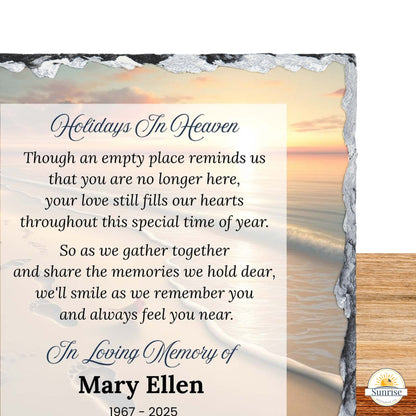 Memorial Plaque – Holidays in Heaven Beach Sunset – Personalized Sympathy Gifts by Sunrise Keepsakes